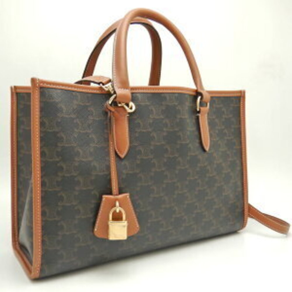 CELINE Horizontal Cabas Tote Bag Triomphe Canvas Calfskin Black Tan - Picture 2 of 9